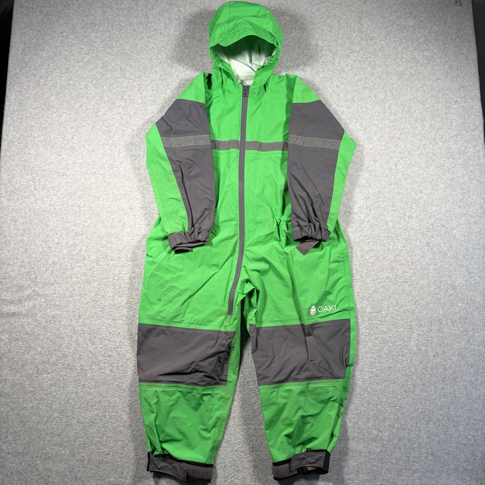 Oaki Rain Suit Kids 6/7? Green Grey Waterproof Hooded One Piece Coverall